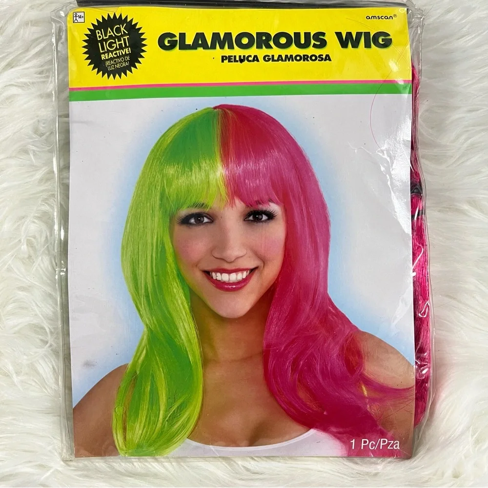 Glam Neon pink and green Wig Black Light Reactive Colors NEW costume Halloween